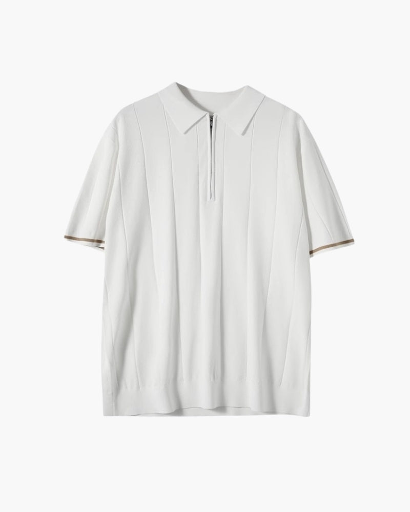 Men's Vertical Stripe Zip Placket Knit Polo with Contrast Cuffs