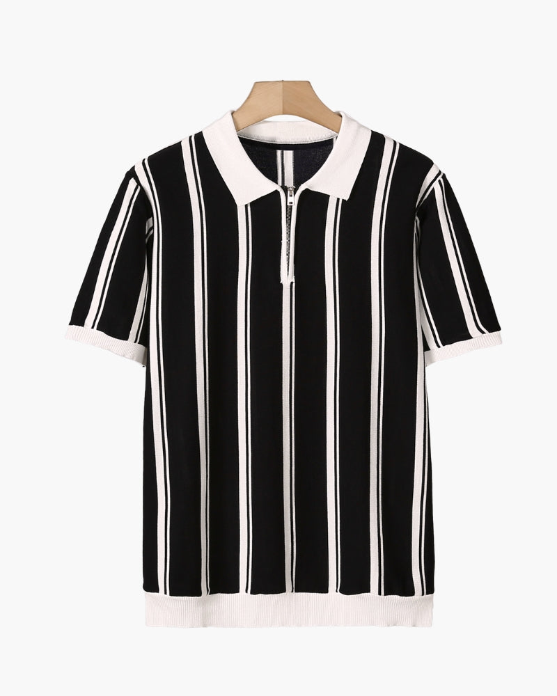 Contrast Vertical Stripe Half-Zip Knit Polo