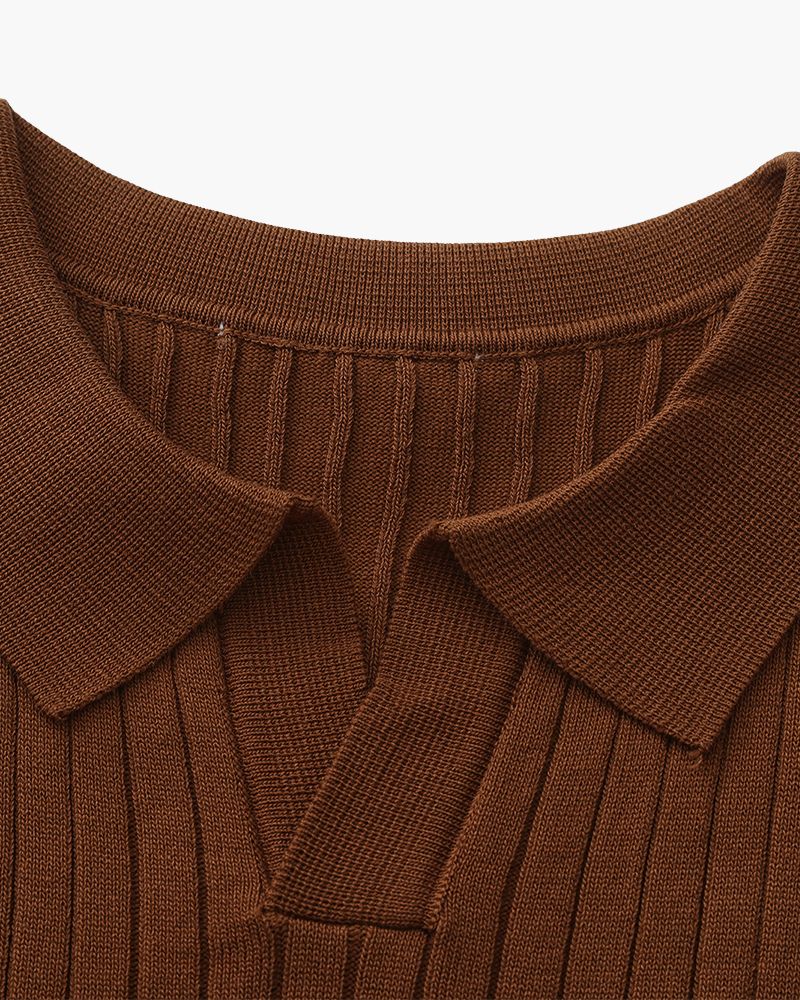 Open-Neck Ribbed Knit Polo