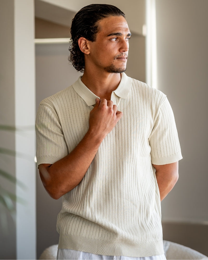 Open-Neck Ribbed Knit Polo
