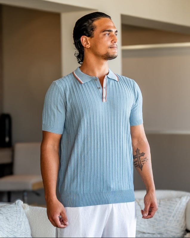 Herringbone Texture Knit Polo with Contrast Details