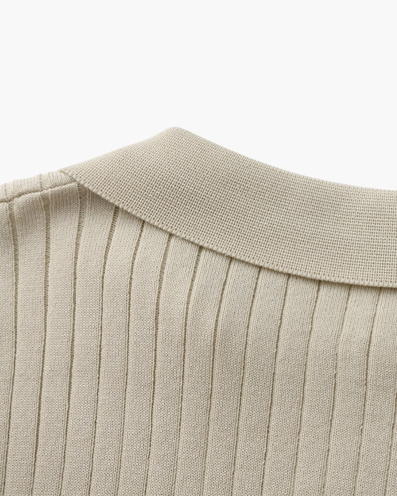 Open-Neck Ribbed Knit Polo