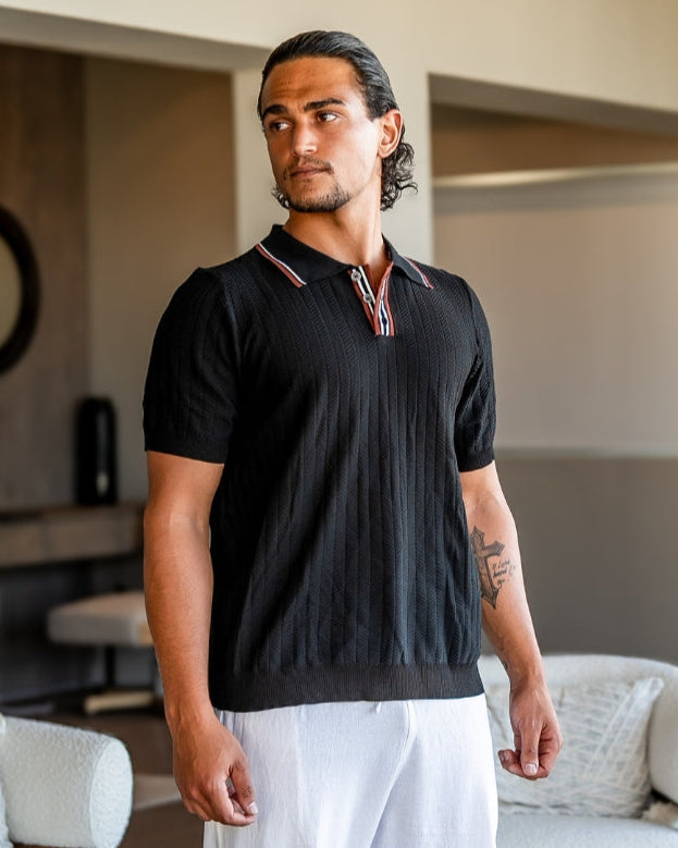 Herringbone Texture Knit Polo with Contrast Details