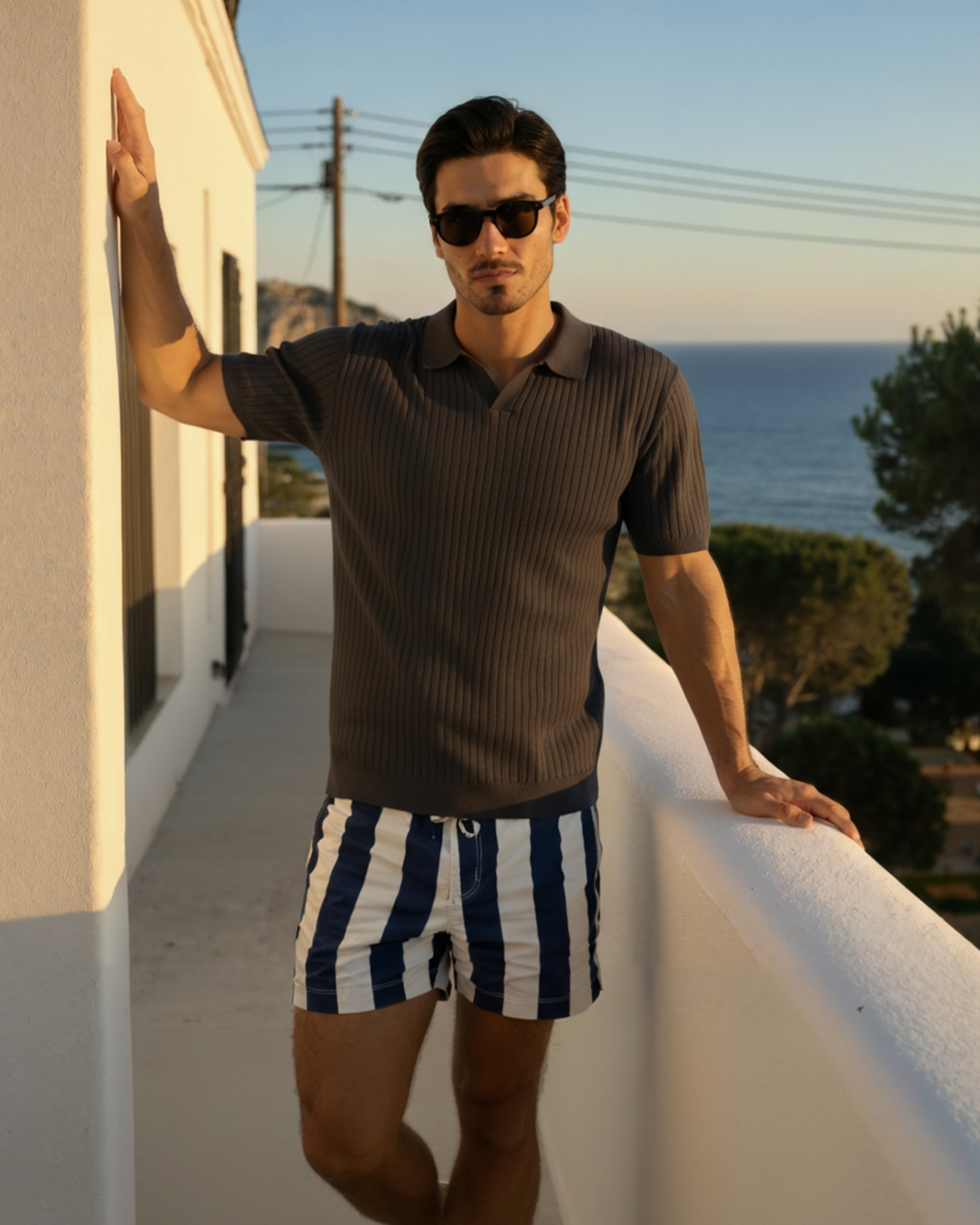 Open-Neck Ribbed Knit Polo