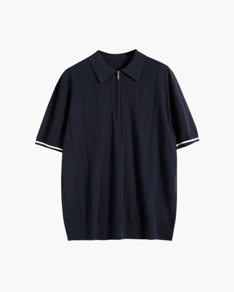 Men's Vertical Stripe Zip Placket Knit Polo with Contrast Cuffs