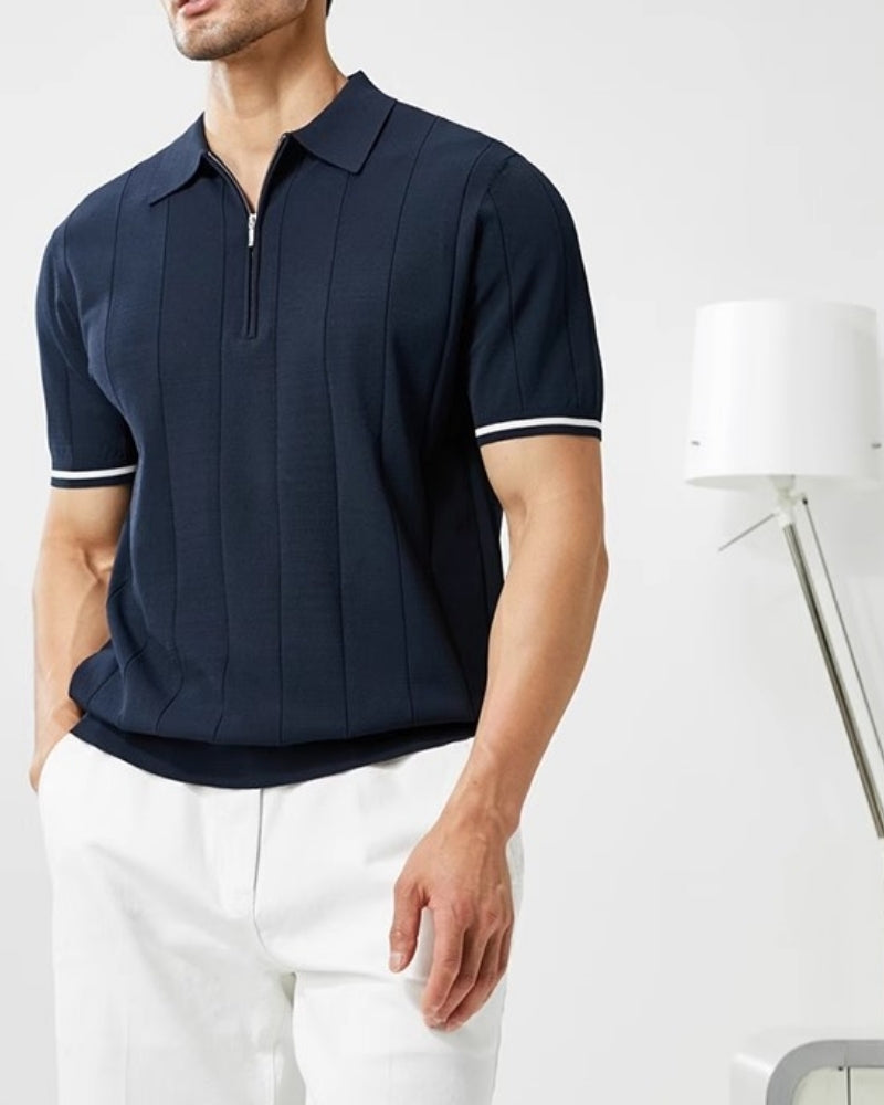 Men's Vertical Stripe Zip Placket Knit Polo with Contrast Cuffs
