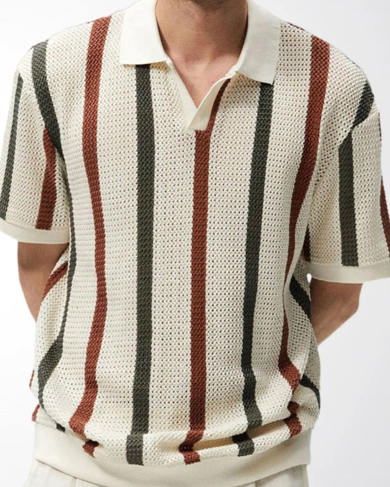 Multicolour Vertical Stripe Pointelle Knit Polo