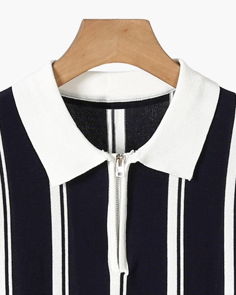 Contrast Vertical Stripe Half-Zip Knit Polo