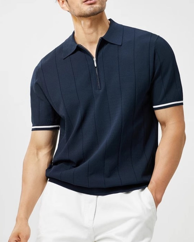Men's Vertical Stripe Zip Placket Knit Polo with Contrast Cuffs