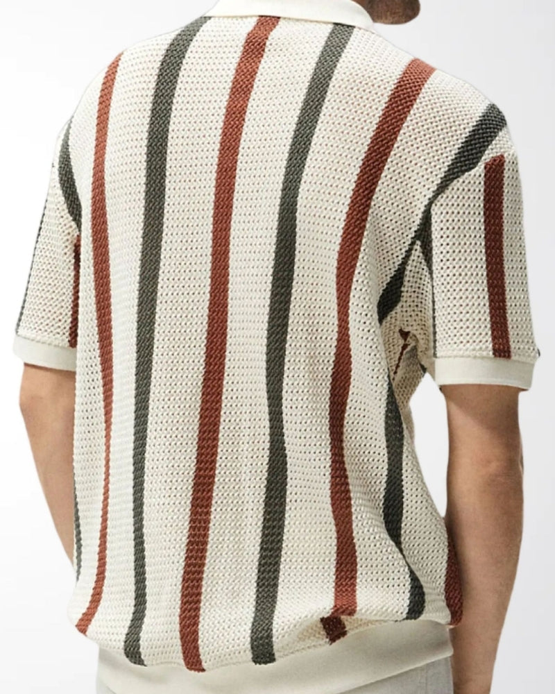 Multicolour Vertical Stripe Pointelle Knit Polo