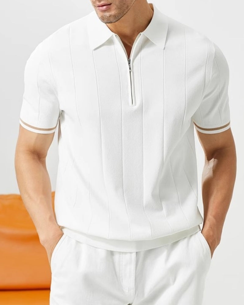 Men's Vertical Stripe Zip Placket Knit Polo with Contrast Cuffs