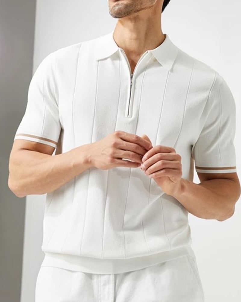 Men's Vertical Stripe Zip Placket Knit Polo with Contrast Cuffs