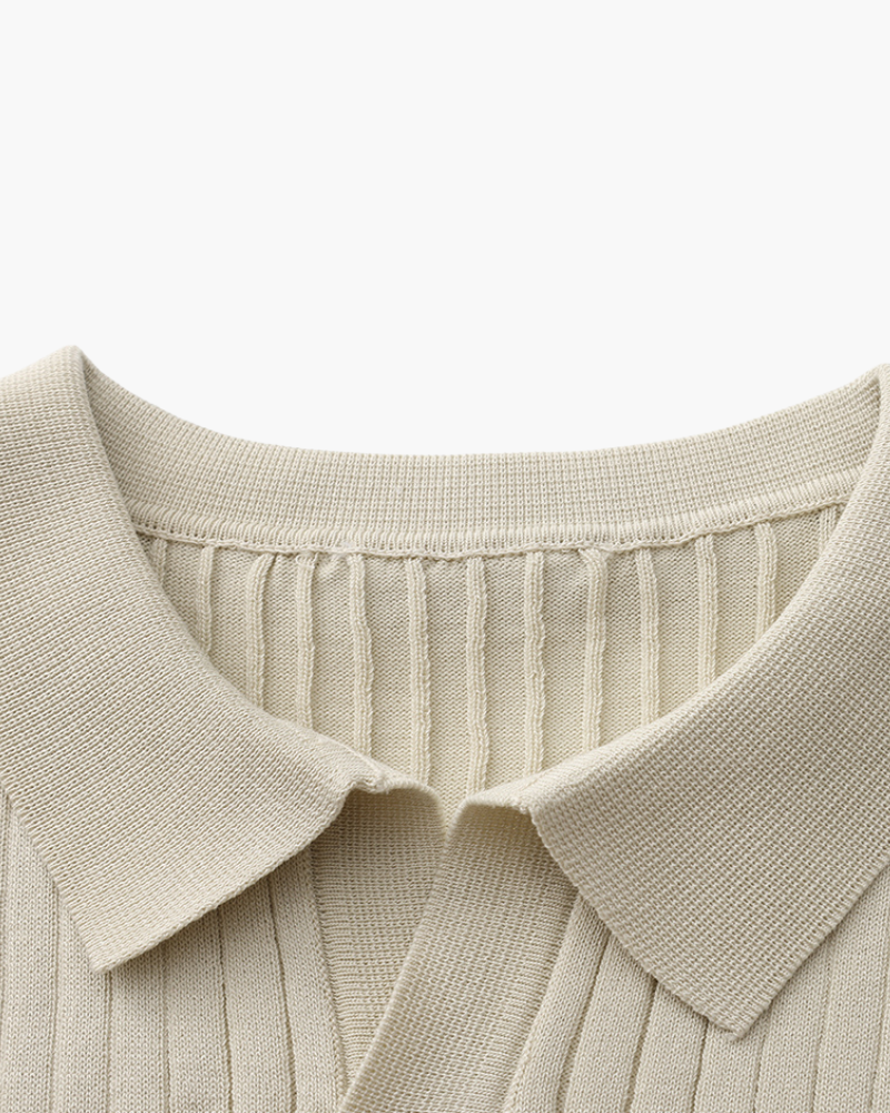 Open-Neck Ribbed Knit Polo