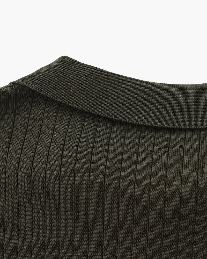 Open-Neck Ribbed Knit Polo