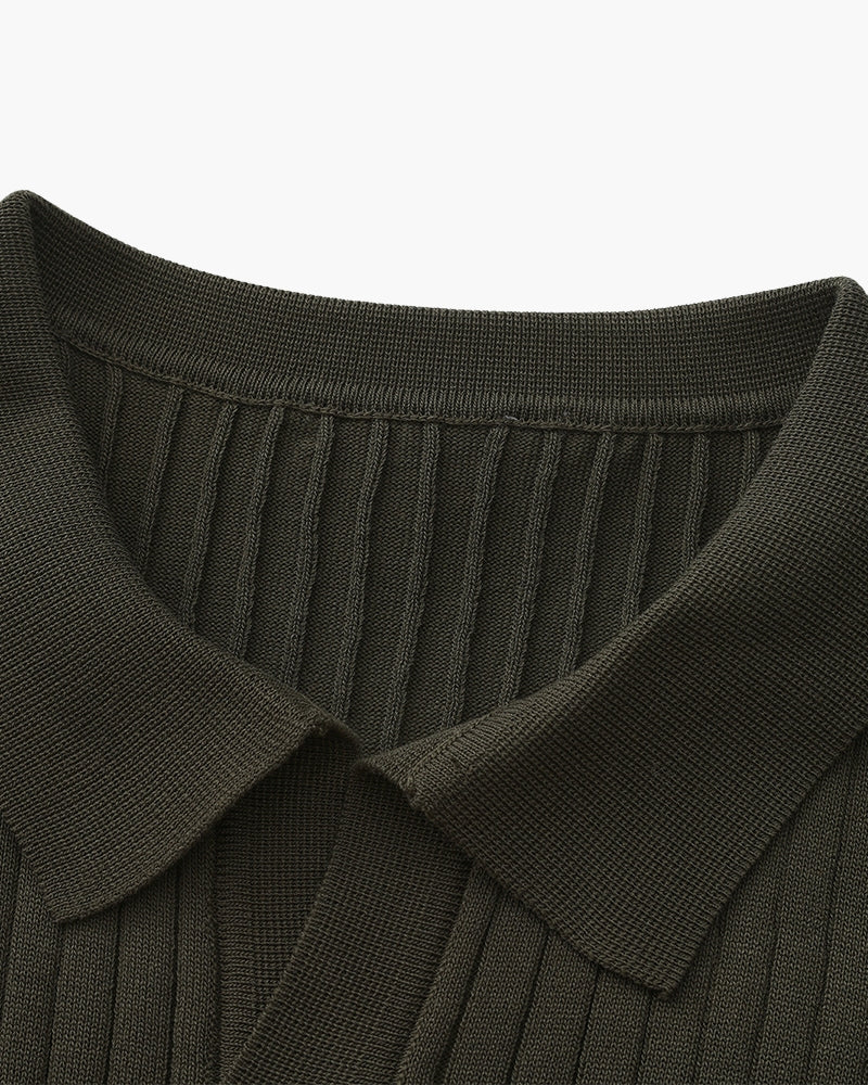 Open-Neck Ribbed Knit Polo