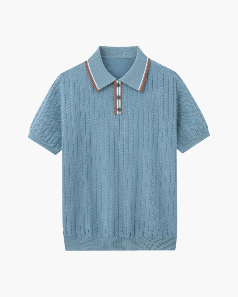 Herringbone Texture Knit Polo with Contrast Details