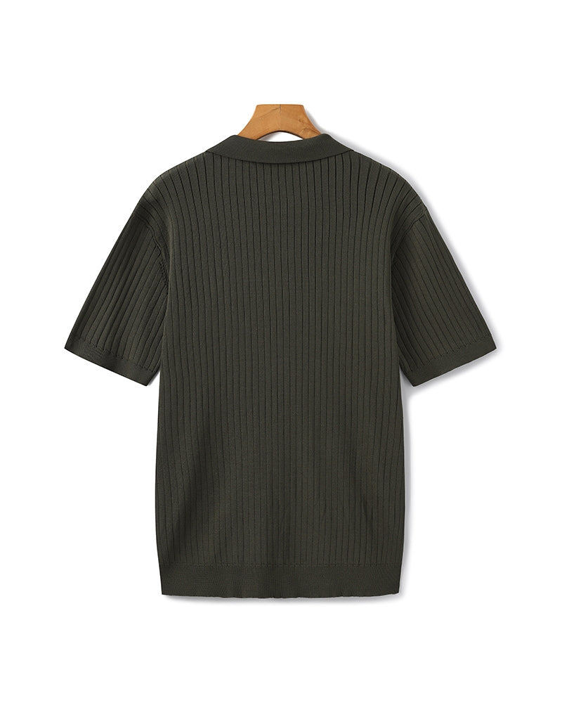Open-Neck Ribbed Knit Polo