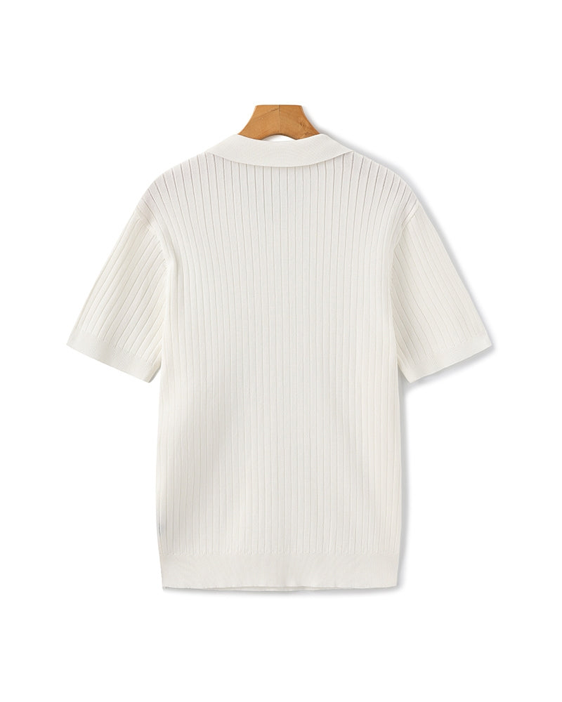 Open-Neck Ribbed Knit Polo