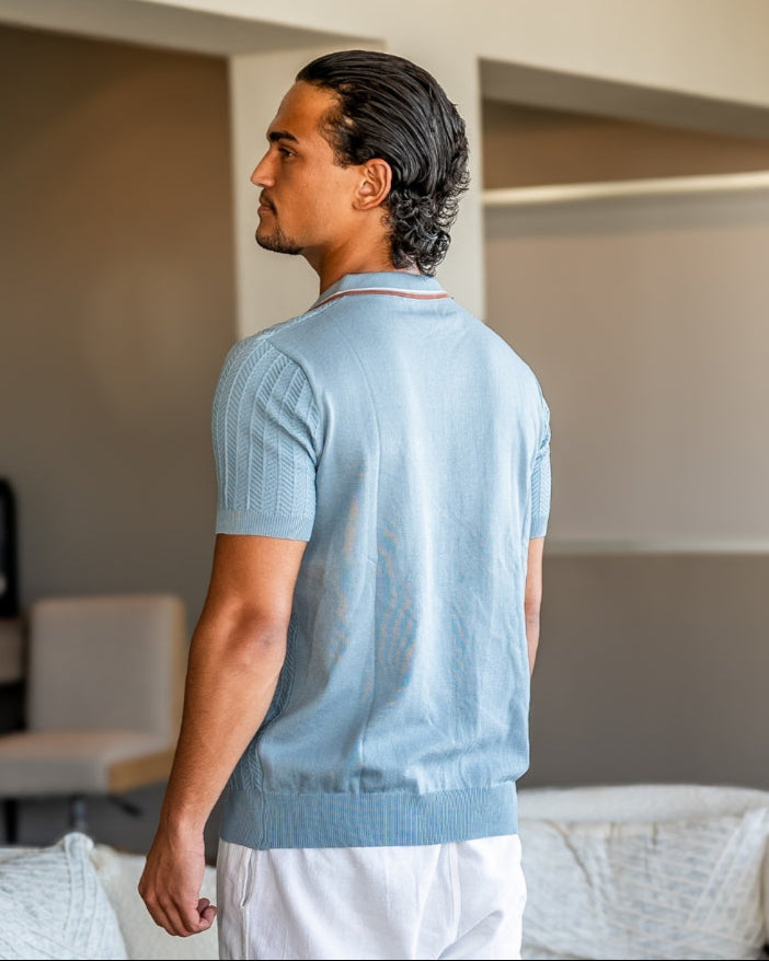 Herringbone Texture Knit Polo with Contrast Details