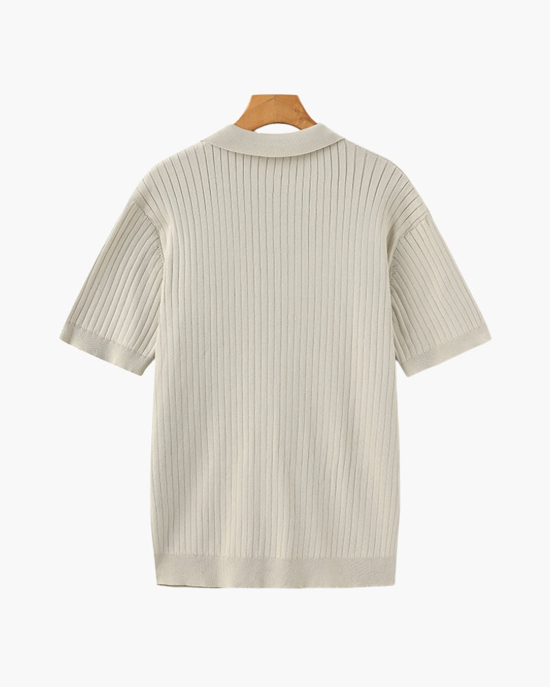 Open-Neck Ribbed Knit Polo