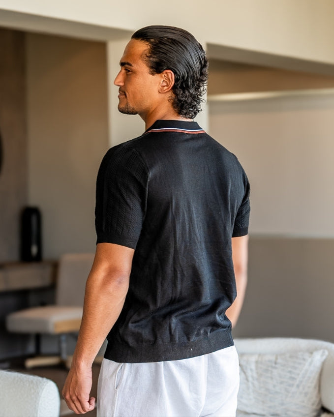Herringbone Texture Knit Polo with Contrast Details