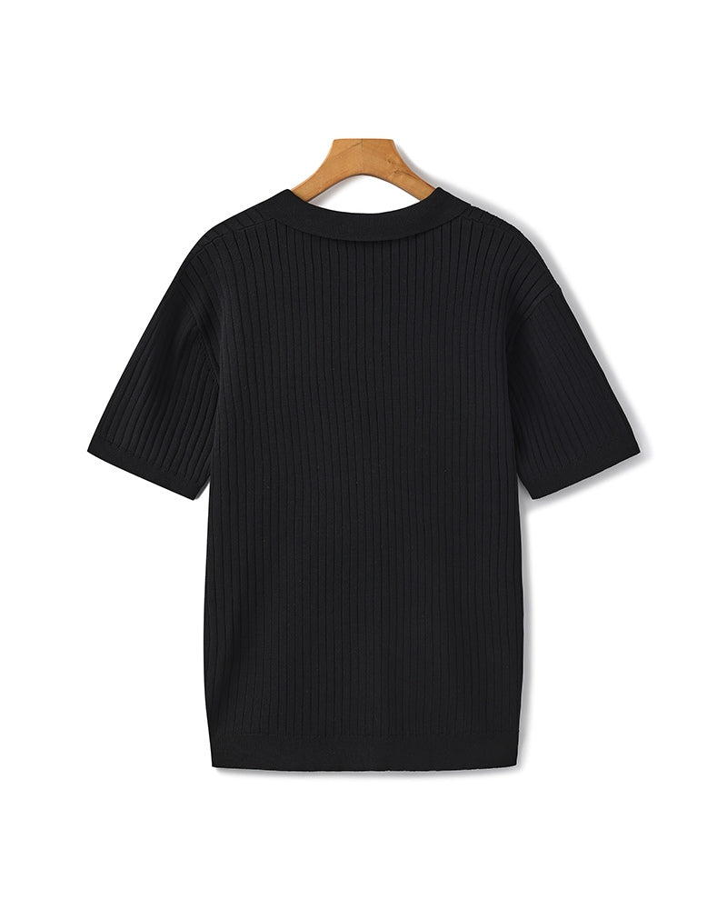 Open-Neck Ribbed Knit Polo