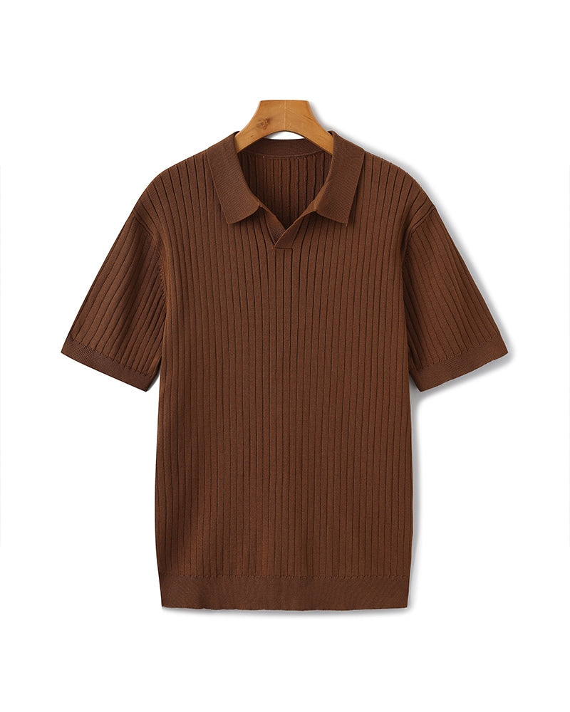 Open-Neck Ribbed Knit Polo