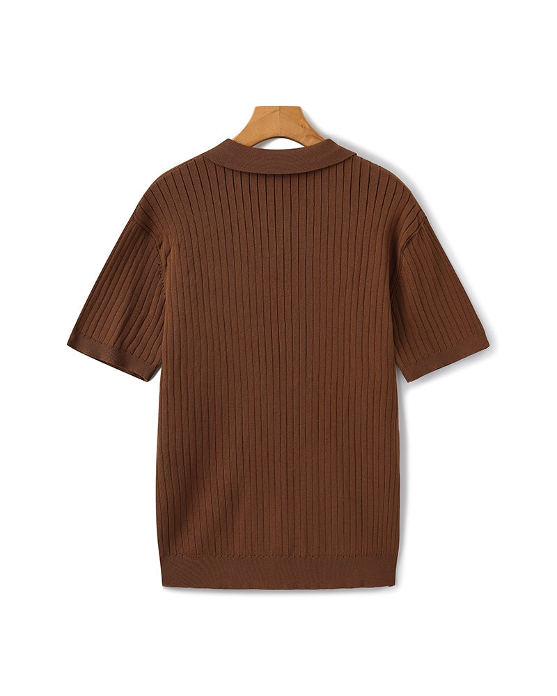 Open-Neck Ribbed Knit Polo
