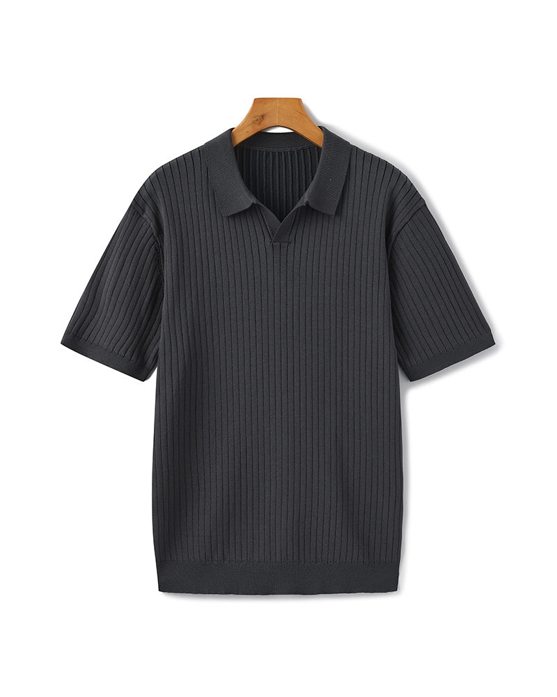 Open-Neck Ribbed Knit Polo