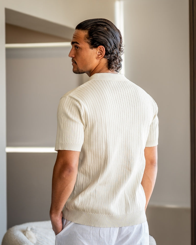 Open-Neck Ribbed Knit Polo