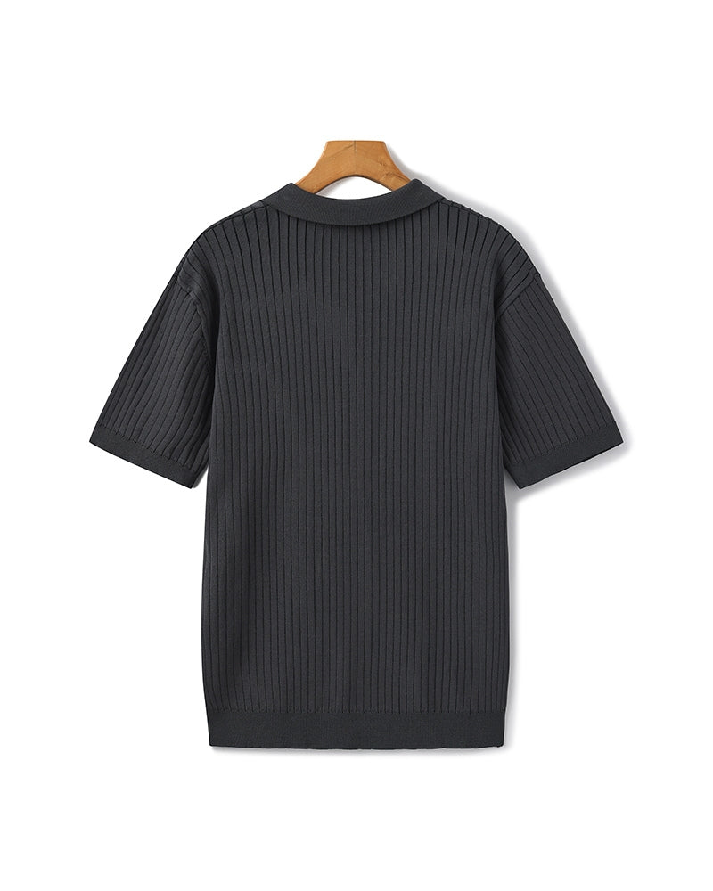 Open-Neck Ribbed Knit Polo