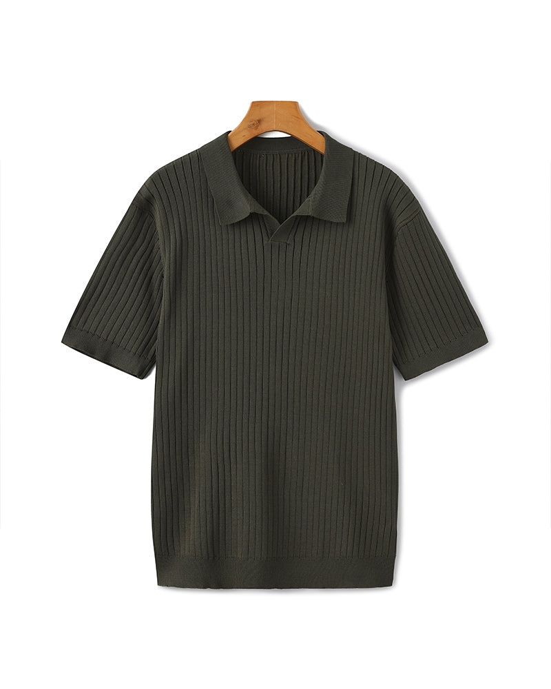 Open-Neck Ribbed Knit Polo