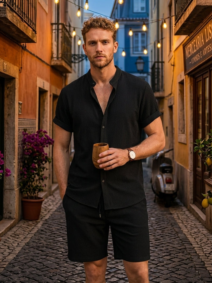 Muscle Fit Ribbed Stand Collar Shirt & Shorts