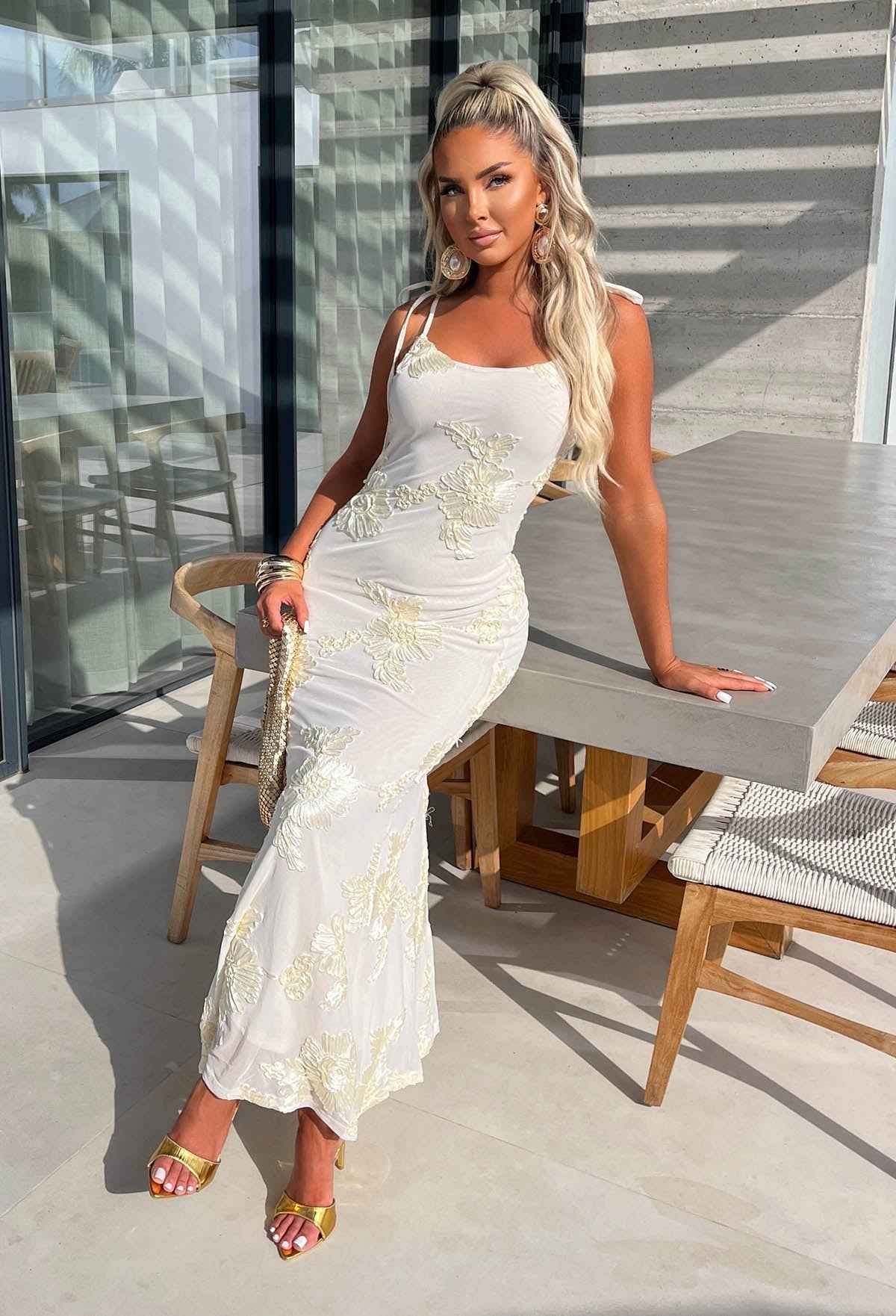 Champagne & Sunsets Cream Ribbon Flower Maxi Dress