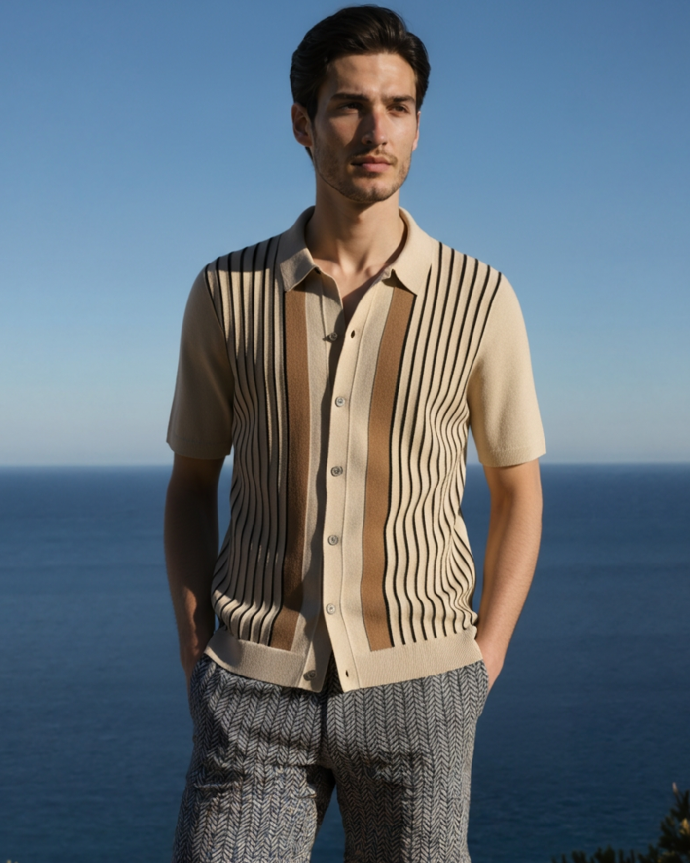 Contrast Vertical Stripe Knit Polo