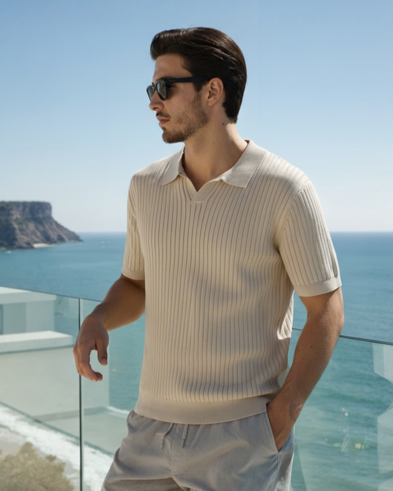 Open-Neck Ribbed Knit Polo